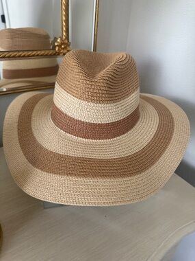 Target Wide Brim Straw Fedora Hat in Tan, Cream & Brown
